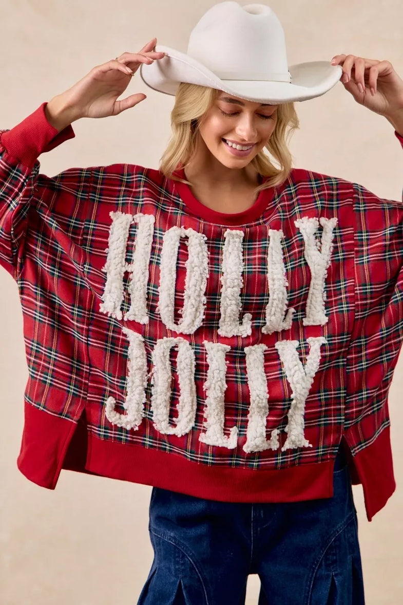 BiBi Holly Jolly Christmas Plaid Oversized Sweatshirt - SwagglyLife Home & Fashion